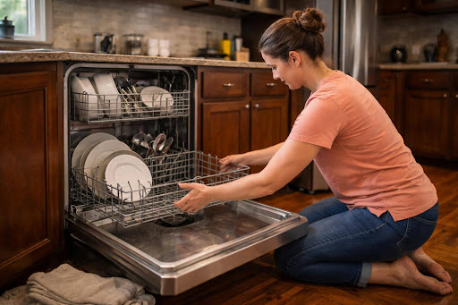 Homeowner cleaning dishwasher filter in a modern Atlanta kitchen during routine appliance maintenance